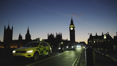 Big-Ben-and-the-House-of-Parliament-at-sunset,-static-shot-on-Westminster-Bridge-in-London-in-February-2023