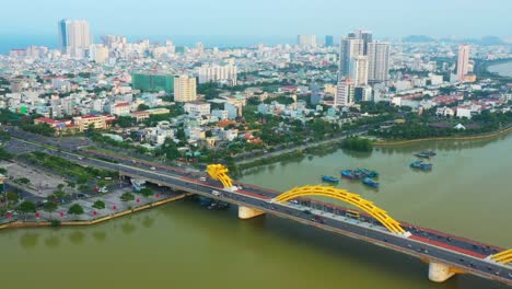 Drone-view-Dragon-bridge-in-Da-Nang-city,-Quang-Nam-Da-Nang-province,-central-Vietnam