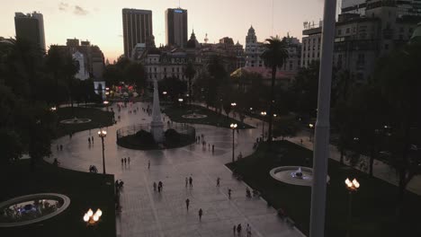 Aerial-Drone-Above-Plaza-de-Mayo-Main-City-Square-Buenos-Aires-Argentina-Night-Central-Financial-District