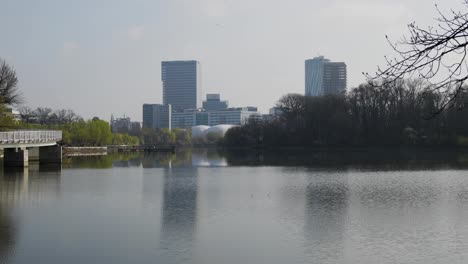 Establishing-Shot-Of-Office-Buildings-And-Park-Lake-On-Foreground