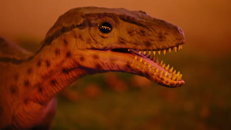 Robot-of-the-head-of-a-little-predator-dinosaur-moving-in-natural-history-museum