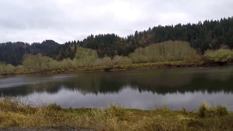 Conduciendo-Al-Lado-De-Un-Río-En-Oregon-Con-Un-Campo-De-Fondo-De-Hermosos,-únicos-árboles-Cubiertos-De-Musgo-Con-Montañas-En-La-Distancia-Reflejándose-En-El-Agua