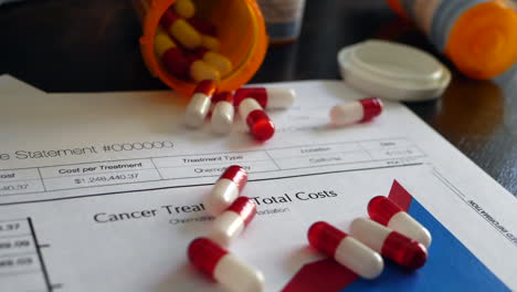 Cancer-treatment-pills-spilling-out-of-a-prescription-drug-bottle-onto-a-prop-medical-health-insurance-form-SLOW-MOTION