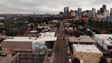 A-rising-pan-along-Santa-Fe-Blvd-just-south-of-Denver-capturing-the-skyline-on-a-gloomy-day