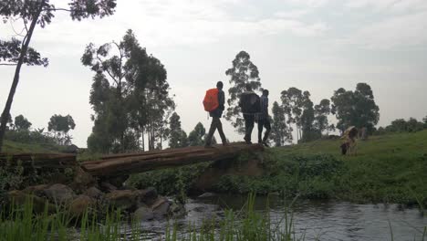 A-slow-motion-shot-of-a-group-of-Africans-walk-across-a-small-wooden-footbridge-over-a-river-in-rural-East-Africa