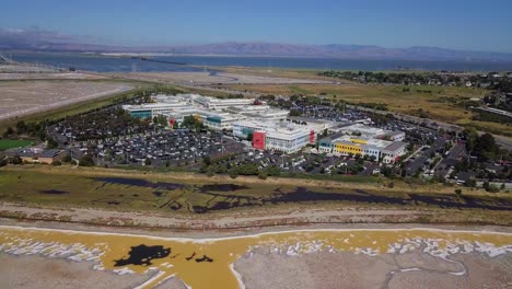Aerial-of-facebook-headquarters-in-Menlo-Park,-San-Francisco-Bay-area,-california,-USA,-Aug-2019
