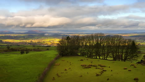 Timelapse-of-rural-nature-farmland-with-forest-on-hill-during-sunny-day-viewed-from-Carrowkeel-in-county-Sligo-in-Ireland