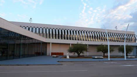 Panning-view-of-the-outside-of-Castellon-airport-terminal-building,-Spain