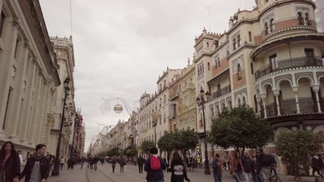Reyes-Catolicos-Avenue-in-downtown-Seville,-Spain-with-Christmas-decorations