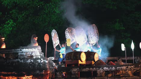 Cultural-Performance-Concert-at-Angkor-Wat---Performers-With-Fans-as-Smoke-Billows-Up