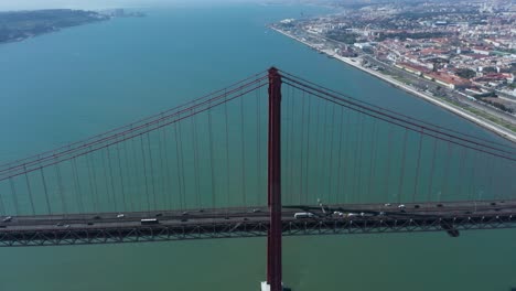 Top-Down-Aerial-Drone-Shot-of-the-25th-of-April-Bridge-in-Lisbon,-Portugal