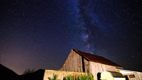 Milky-Way-Time-Lapse-Sliding-Over-Old-Barn-on-Farm