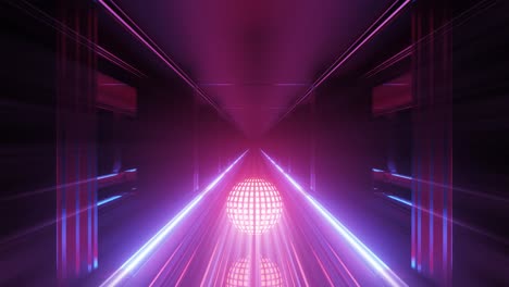 Bright-Pink-Geometric-Florescent-Ball-Turns-in-Dark-Illuminated-Tunnel