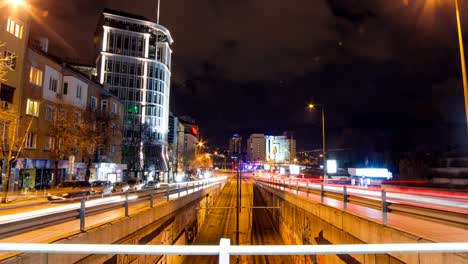 A-night-timelapse-of-Sofia,-Bulgaria-with-car-trails-from-long-exposure
