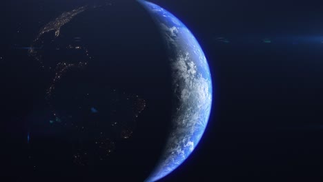 Space-view-of-illuminated-side-of-night-and-the-day-side-of-the-Blue-planet-Earth,-Cinematic-Anamorphic-flares