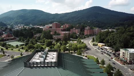 Aerial-pullout-over-the-Holmes-Convocation-Center-building-on-the-Appalachian-State-University-Campus-in-Boone-NC