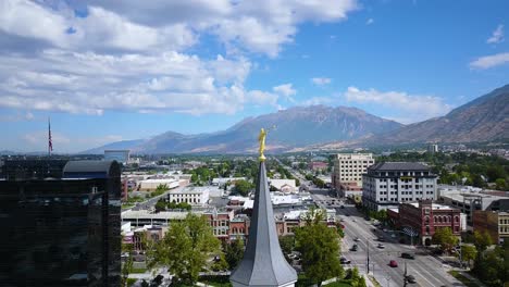 Drone-Shot-flying-smoothly-away-from-the-Moroni-statue-on-top-of-the-Provo-City-Center-Temple