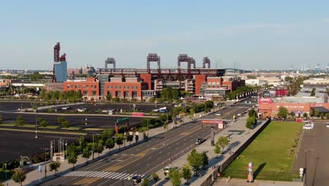 Aerial-dolly-shot-of-Citizens-Bank-Park-Phillies-baseball-stadium-and-Xfinity-Live