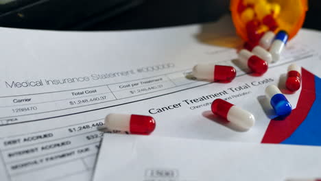 Red-and-blue-cancer-treatment-drug-pills-on-a-prop-medical-health-insurance-form-showing-high-patient-costs-for-healthcare