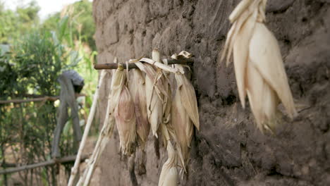 Corn-hanging-from-the-side-of-rural-home-outside-Kigali,-Rwanda