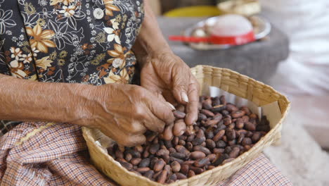 Un-Cierre-De-Las-Manos-De-Una-Mujer-Mexicana-Mayor-Mientras-Pela-La-Cáscara-De-Los-Granos-De-Cacao-Para-Hacer-Chocolate