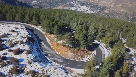 Aerial-view-of-a-curve-in-the-road-in-the-snowed-mountains