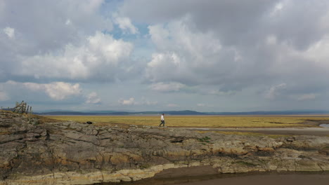 Aerial-wide-shot-of-a-person-walking-along-the-rocks-on-a-shore-line-at-low-tide,-on-bright-summers-day
