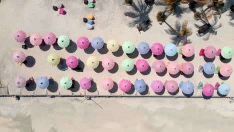 Ascending-top-down-of-colorful-umbrellas-on-sandy-beach-during-sun-is-shining