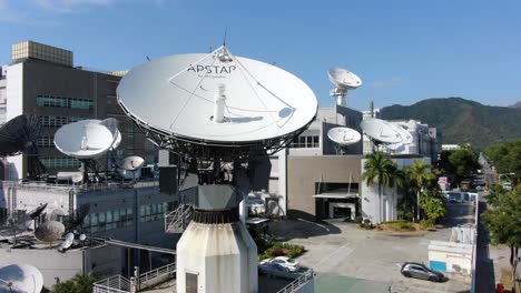 Cluster-Von-Satellitenschüsseln-Auf-Dem-Asiatisch-pazifischen-Telekommunikationsgebäude-In-Hongkong,-Luftbild