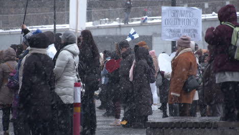 Wide-shot-of-people-standing-at-the-protests-in-Helsinki-listening-to-speeches-carrying-flags-and-placards,-cold-snowy-day