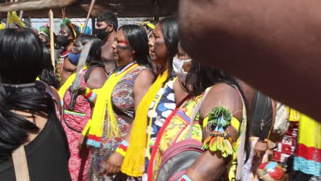 Tribal-women-from-the-Amazon-rain-forest-hold-up-symbolic-weapons-in-protest