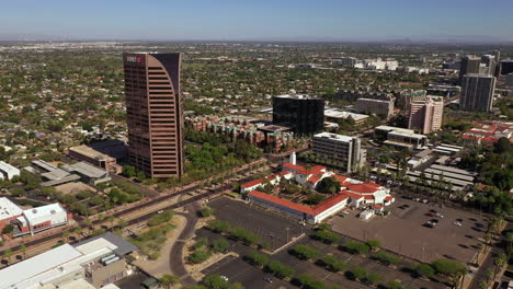 Aerial-View-Of-BMO-Tower-And-Central-United-Methodist-Church-At-Daytime-In-Phoenix,-Arizona,-USA
