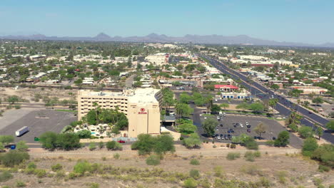 Aerial-view-of-the-Hilton-hotel-during-the-day-in-East-Tucson,-Arizona-Orbit-shot