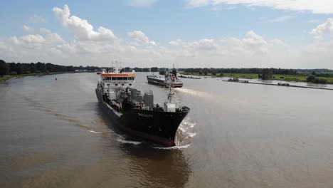 Aerial-View-Of-Speciality-Oil-Tanker-Passing-Another-Ship-On-Oude-Maas