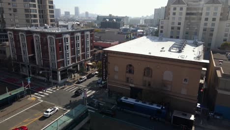Aerial-drone-view-towards-the-Fillmore-club,-in-San-Francisco,-California,-USA