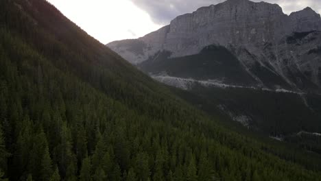 Ascending-4k-drone-footage-above-vast-larch-forests-of-Kananaskis-Country-in-Alberta,-Canada