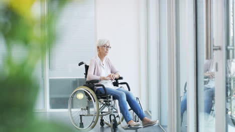 Eine-ältere-Frau,-Die-In-Ihrem-Rollstuhl-Sitzt
