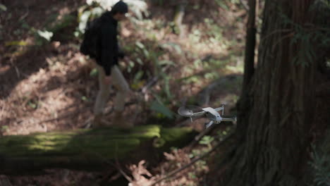 Drone-films-an-adult-male-walking-across-a-fallen-tree-in-the-forest