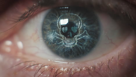 Close-up-of-a-eye-iris-with-a-glitching-skull-icon---3d-render-animation