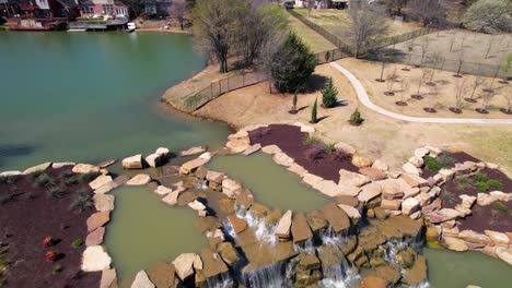Aerial-footage-of-rock-formation-at-the-Riverwalk-in-Flowermound-Texas