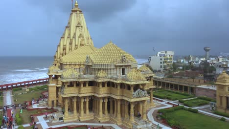 Aerial-view-of-the-Somnath-temple-located-in-Prabhas-Patan,-Veraval-in-Gujarat,-India