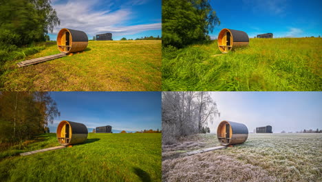 Time-lapse-show-landscape-change-around-small-outdoor-sauna-over-four-seasons