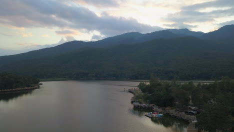 Aerial-of-resort-on-lake-in-Thailand-at-sunset