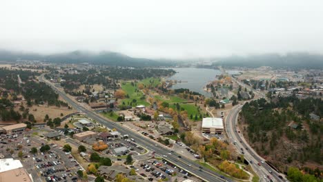 Aerial-view-of-Estes-Park-Colorado-on-cloudy-Fall-day