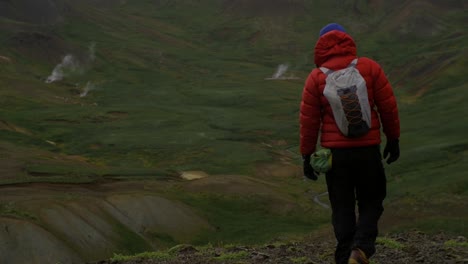 beautiful-iceland-landscape,-one-person-hiker-walking-in-the-frame