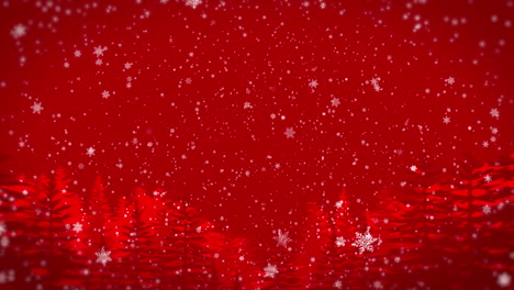 Fondo-De-Navidad-Nieve-Cayendo-Sobre-Pinos-En-Rojo