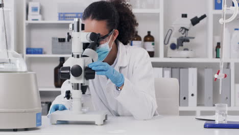 Science,-covid-and-woman-with-microscope-in-lab