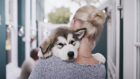 City,-love-and-woman-carrying-dog-in-arms-enjoying