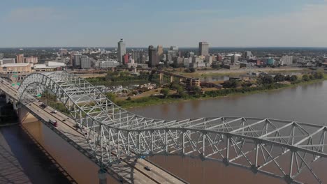 Drone-View-of-Hernando-De-Soto-Bridge-and-Downtown-Memphis,-TN