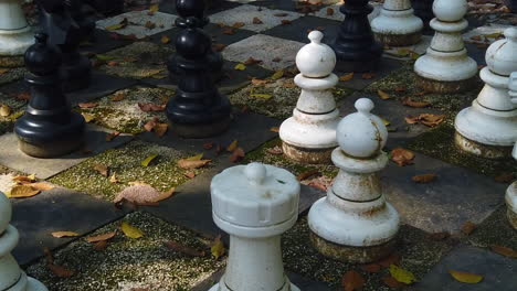Eine-Aufnahme-Von-Schachfiguren-Im-Park-Mit-Sonnenlicht-Und-Blättern-Auf-Dem-Boden